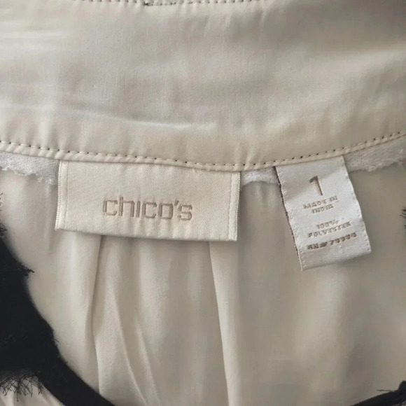 Chico's Women Tunic Top Off White Black Frayed Collar size 1 - Picture 4 of 5